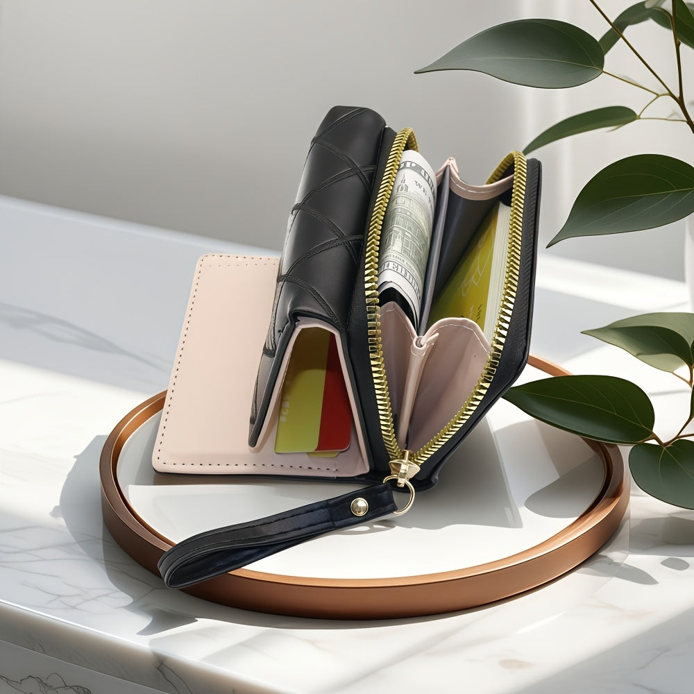 Fashion Rhombus Heart Pattern Tri-Fold Multi-Card Slot Zippered Compartment Multi-Functional Portable Mini Women's Wallet