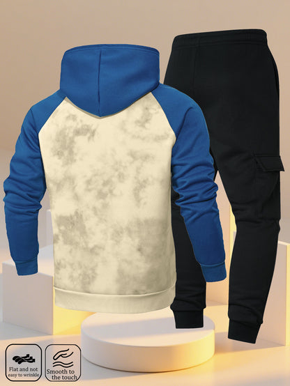 A New Trendy Color-Blocked Hoodie with Raglan Sleeves And Loose-Fitting Cargo Pants Featuring Multiple Pockets, Perfect for Casual Everyday Wear. This Breathable Hoodie And Loose Long Pants Set Comes in a Two-Piece Print Desi