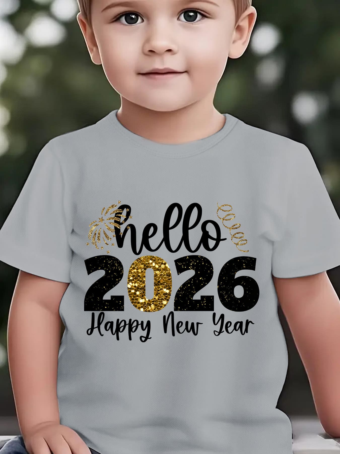 Boys' 2026 New Year'S Eve Party T-Shirt - Hello 2026 Happy New Year Fireworks Print with Golden & Lettering - Lightweight Summer Tee for Birthday Party Outfit, New Year'S Eve Celebration - Easy-care Kids Shirt, New Year T Shi