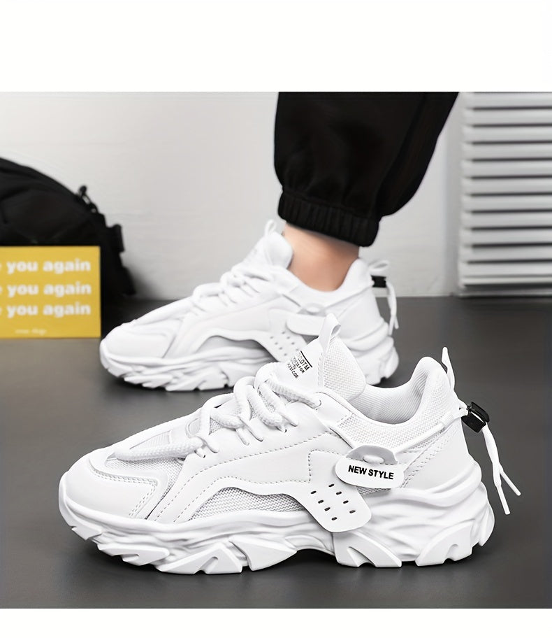 Men's Fashion Chunky Sneakers - Sports & Casual Streetwear Shoes, Solid Color, Non-Slip Lace-Up, Thick Sole, Low Top Fabric Sneakers for All Seasons, Running & Hiking, Universal Fit - Round Toe