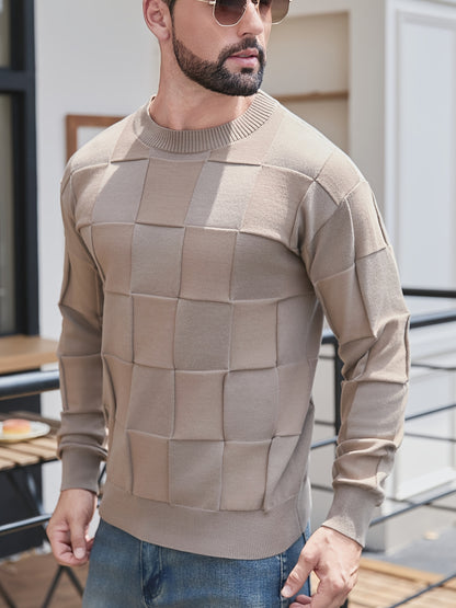 Տղամարդու կլոր վզնոցով, տեքստուրավորված երկրաչափական նախշերով, միագույն սվիտեր, աշնանային և ձմեռային նորաձև երկարաթև սվիտեր