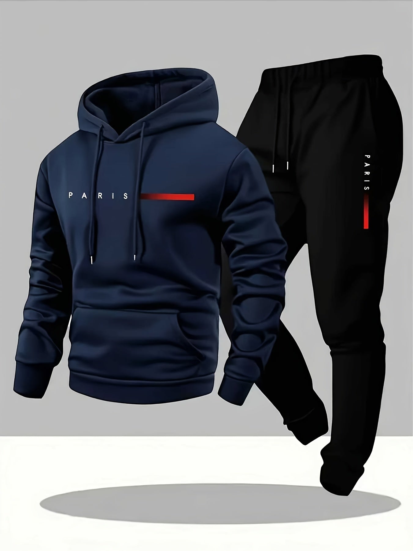 Halloween Men'S Hoodie with PARIS Lettering And Drawstring Sweatpants Set, a Must-Have Outfit for Autumn And Winter, Perfect for Everyday Outdoor Wear - ayq