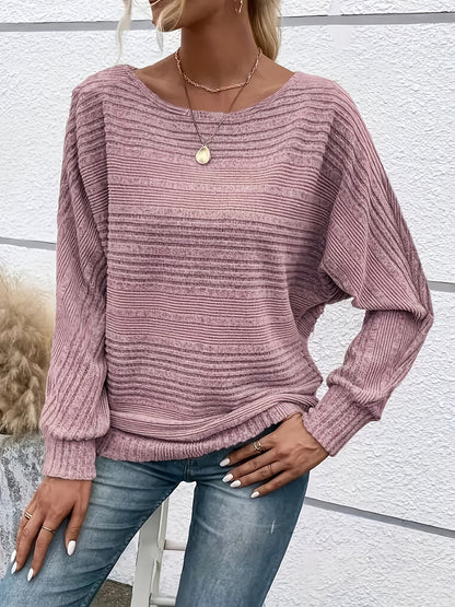 1 հատ Women'S Casual Crew Neck Knit T-shirt - պոլիեսթեր պինդ գույնի երկարաթև վերնաշապիկ գարնան/աշունի համար