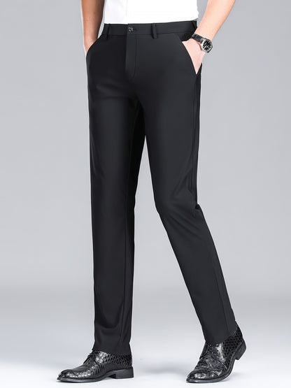 Men'S Navy Blue Straight Leg Dress Pants - Casual Style, Polyester Fabric with Slight Stretch, Mid Waist, Button Closure, No Belt, Regular Fit, Outdoor & Office Wear, Office Attire|Straight Leg Pants|Polyester Fabric
