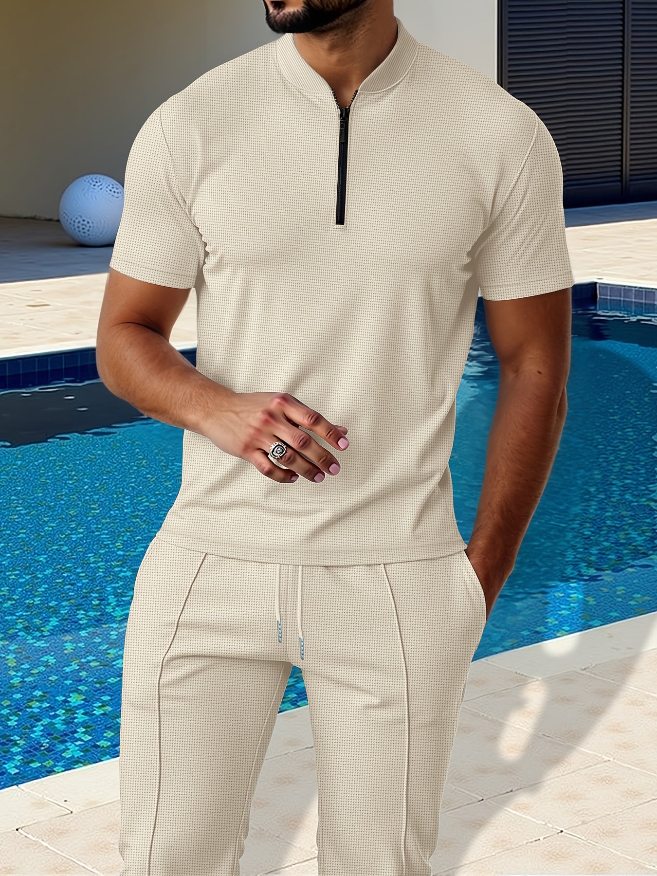 Men's Waffle Knit Zipper Shirt, Rib Collar Short Sleeve T-Shirt, Casual Breathable Summer Top - ayq