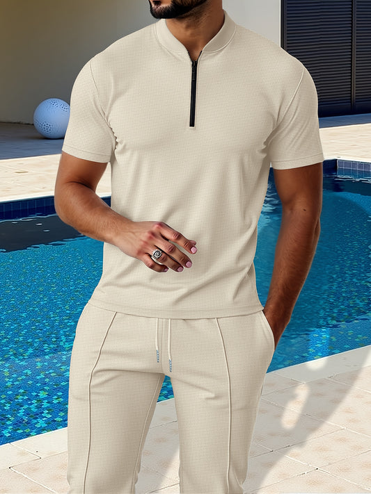 Men's Waffle Knit Zipper Shirt, Rib Collar Short Sleeve T-Shirt, Casual Breathable Summer Top - ayq