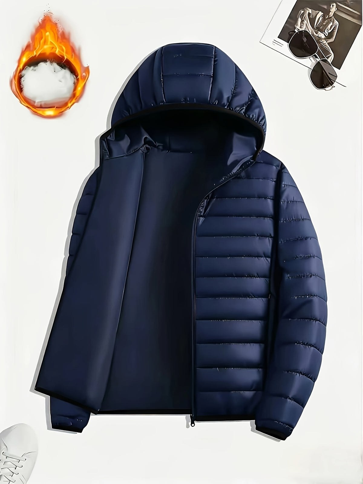 Men's Casual Hooded Padded Coat - Warm Polyester Outerwear