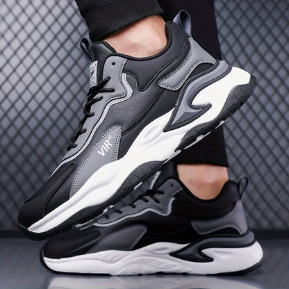 Men's Stylish Color-Block Sneakers - Black  Gray with White Accents, Comfortable All-Day Wear, Durable Rubber Sole, Lace-Up Design, Trendy Low-Top Style for Casual or Athletic Use, Casual Sneakers   Fashion Sneakers   Pu Mat