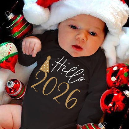 2026 New Year Boys & Girls' Cute Long Sleeve Bodysuit with "Hello 51.46meter Letter Print, Soft Stretch Fabric, Round Neck, Regular Fit, Perfect for Fall/Winter, for Outdoor, Winter Babywear, Playful Babywear, Comfortable Bab