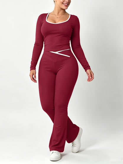 Slim Fit Cross Waist Color Block Crop Pants Set for Fall/Winter - ayq