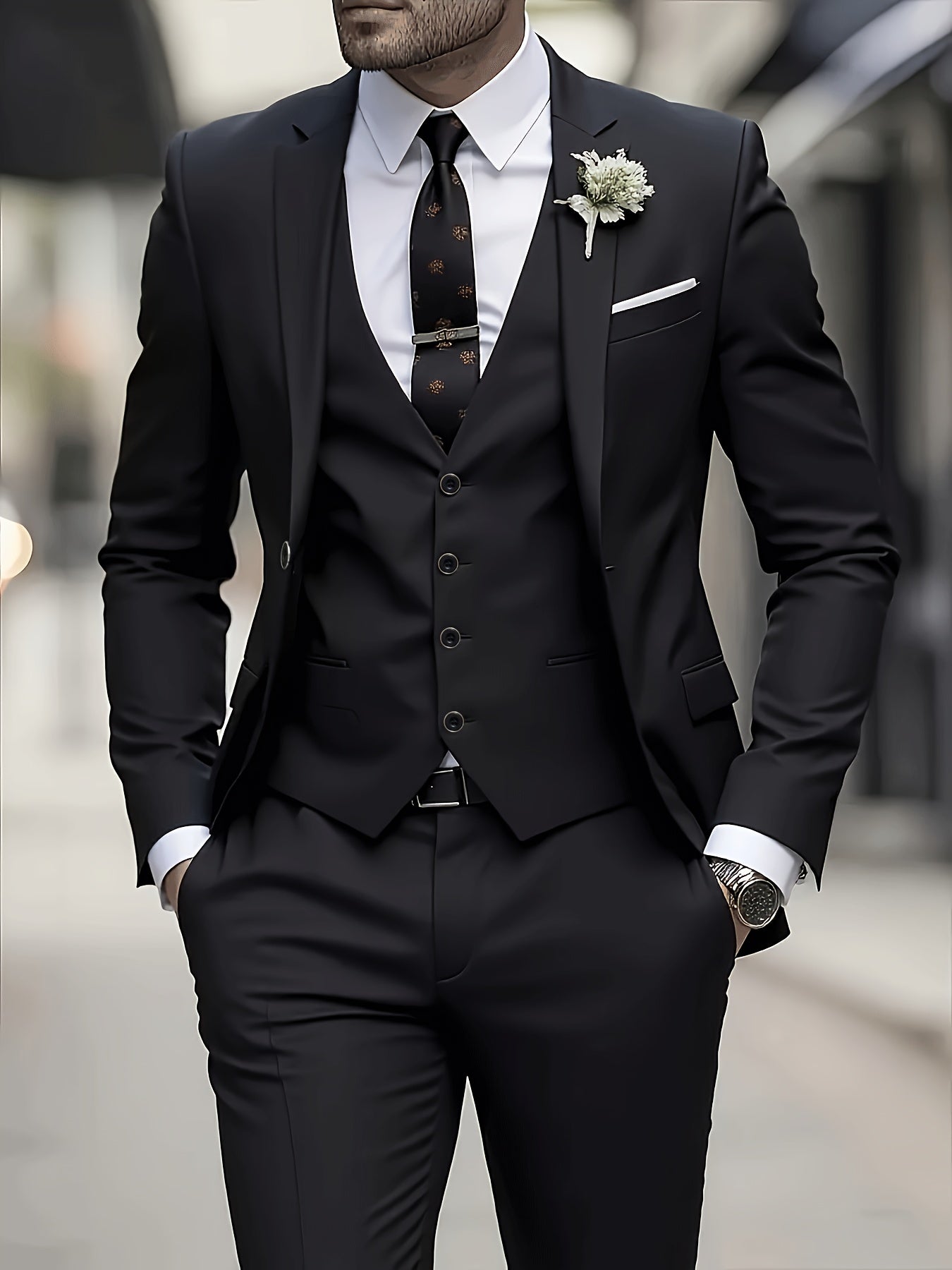 Men's 3-Piece Polyester Suit Set with Jacket, Vest & Trousers