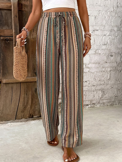 Women's Casual Wide Leg Bohemian Pants with Drawstring Waist
