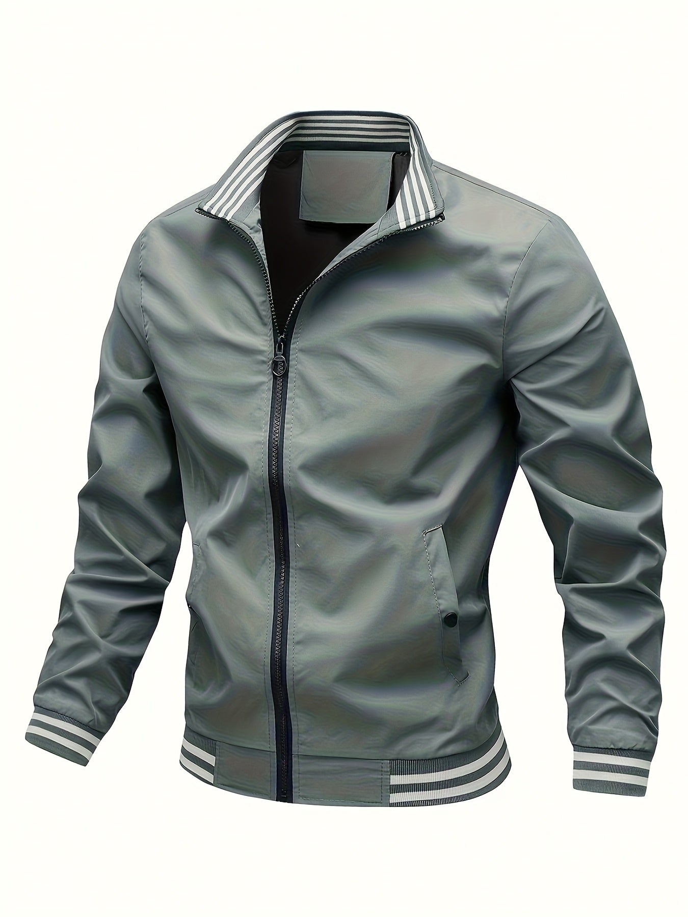 Men's Stand Collar Long Sleeve Zip Up Sports Jacket With Contrast Trim Design, Men's Spring Fall Outwear, As Gifts