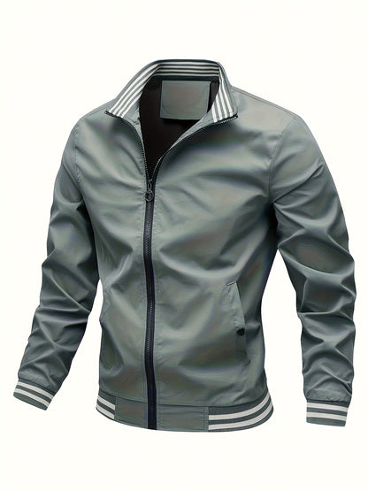 Men's Stand Collar Long Sleeve Zip Up Sports Jacket With Contrast Trim Design, Men's Spring Fall Outwear, As Gifts