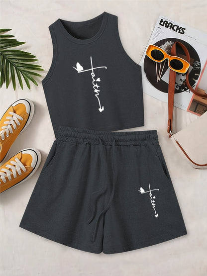 Women's Casual Printed Sleeveless Vest and Loose Shorts Set