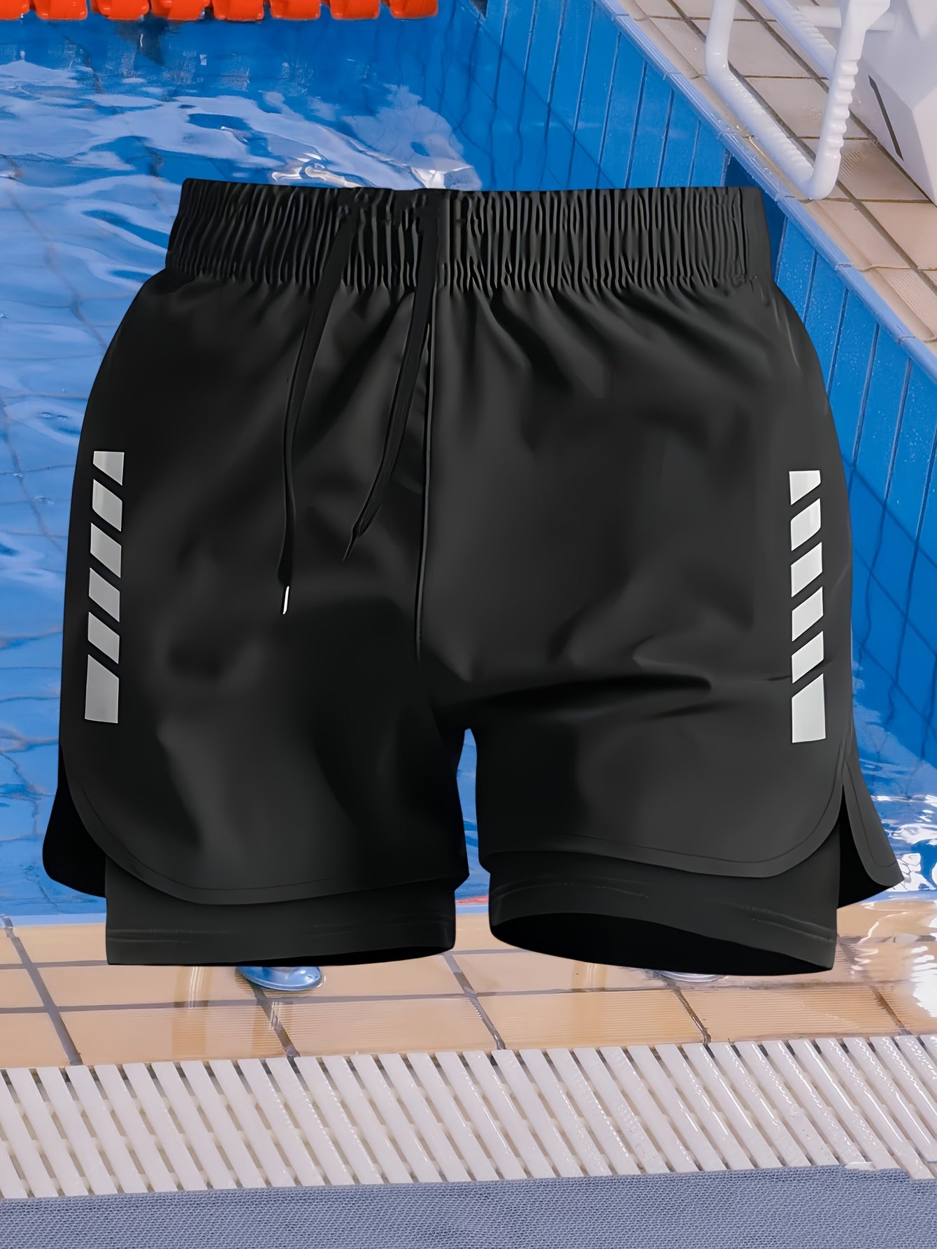 Men's Skinny Double-Layer Swim Trunks with Stripes for Summer Fitness