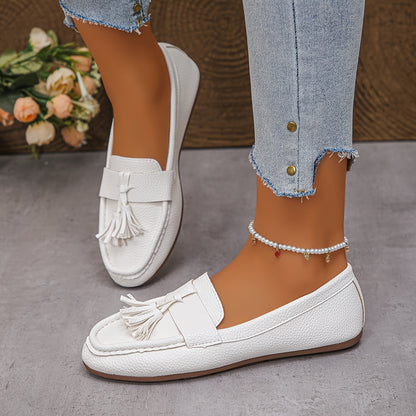 Women's Fashion Solid Color Round Toe Flats, All-Season Slip-On Loafers with Breathable Flannel Lining and TPR Sole