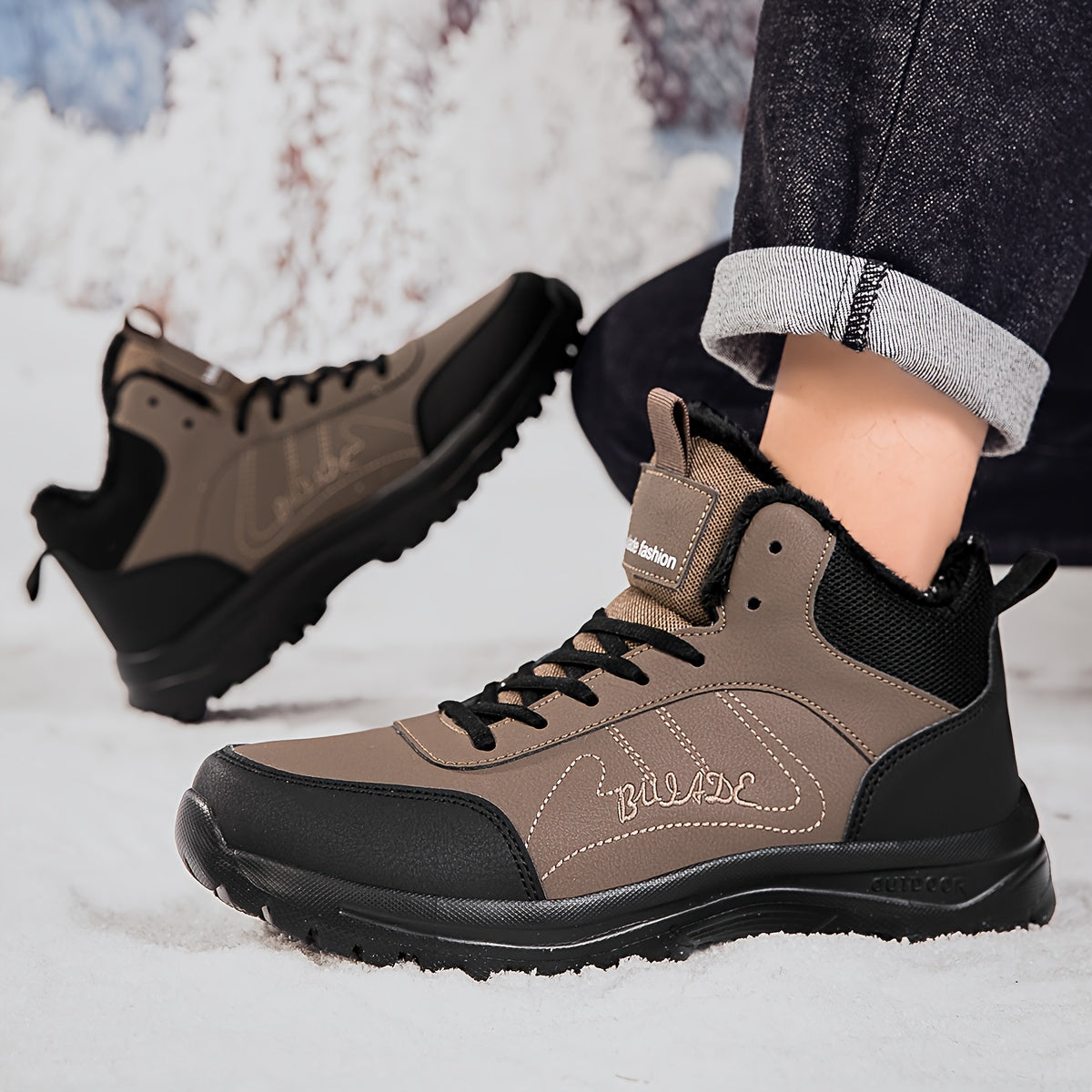 Men'S Mid-Top Snow Boots - Lightweight, Flexible Sole, Comfortable Thick Plush Lining, Classic Brown & Black, Durable MD Outsole for Hiking, Street Walking & Winter Outdoor Sports, Lace-Up Closure, Retro Style, Synthetic Uppe