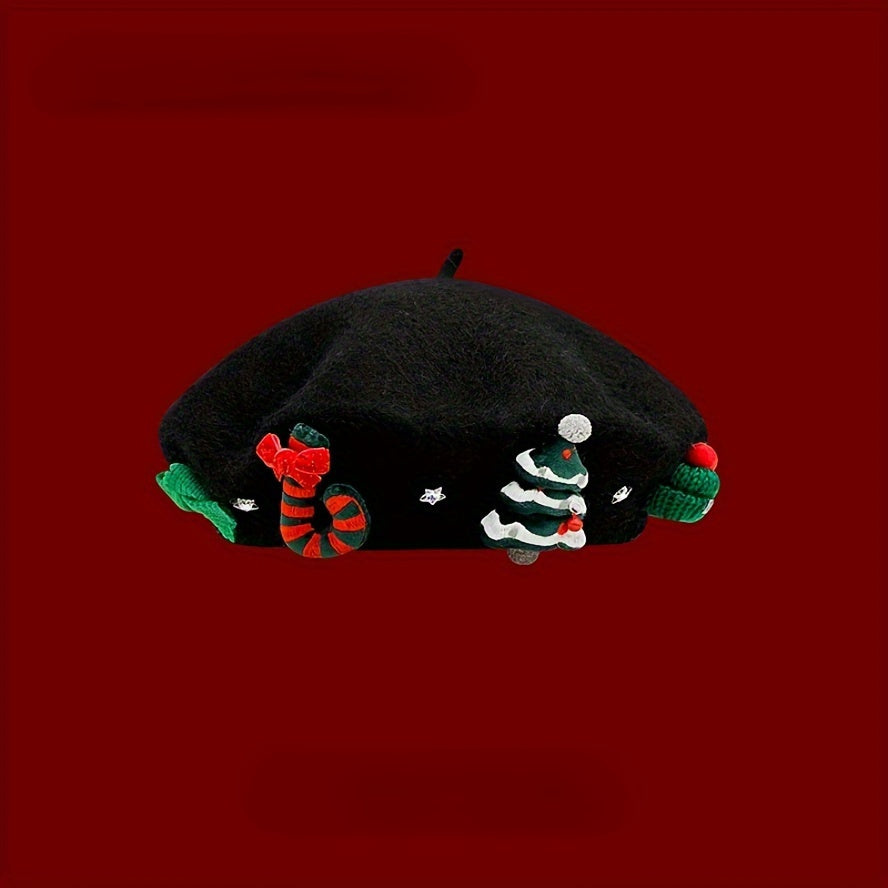Women's Red Christmas Beret Hat with 3D Christmas Tree Decorations - Elastic Drawstring Closure, Lightweight Warm Winter Hat for Holiday Parties, Photo Shoots, Valentine's & New Year's Eve - Festive Movie-Inspired Fashion Acc