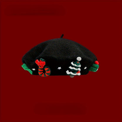 Women's Red Christmas Beret Hat with 3D Christmas Tree Decorations - Elastic Drawstring Closure, Lightweight Warm Winter Hat for Holiday Parties, Photo Shoots, Valentine's & New Year's Eve - Festive Movie-Inspired Fashion Acc
