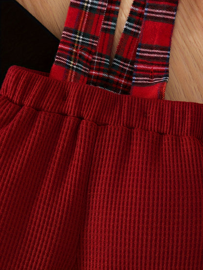 Boys' Turtleneck Long Sleeve Hoodie + Waffle Knit Spliced Suspender Pants + Hat 3pcs Set, Perfect for Outdoor