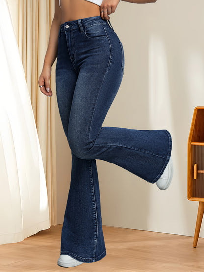 Flare Leg Strechy Whiskering Washed Blue Casual ոճի կայծակաճարմանդ կոճակով փակվող ջինսե տաբատ, կանացի ջինսե ջինսեր և հագուստ