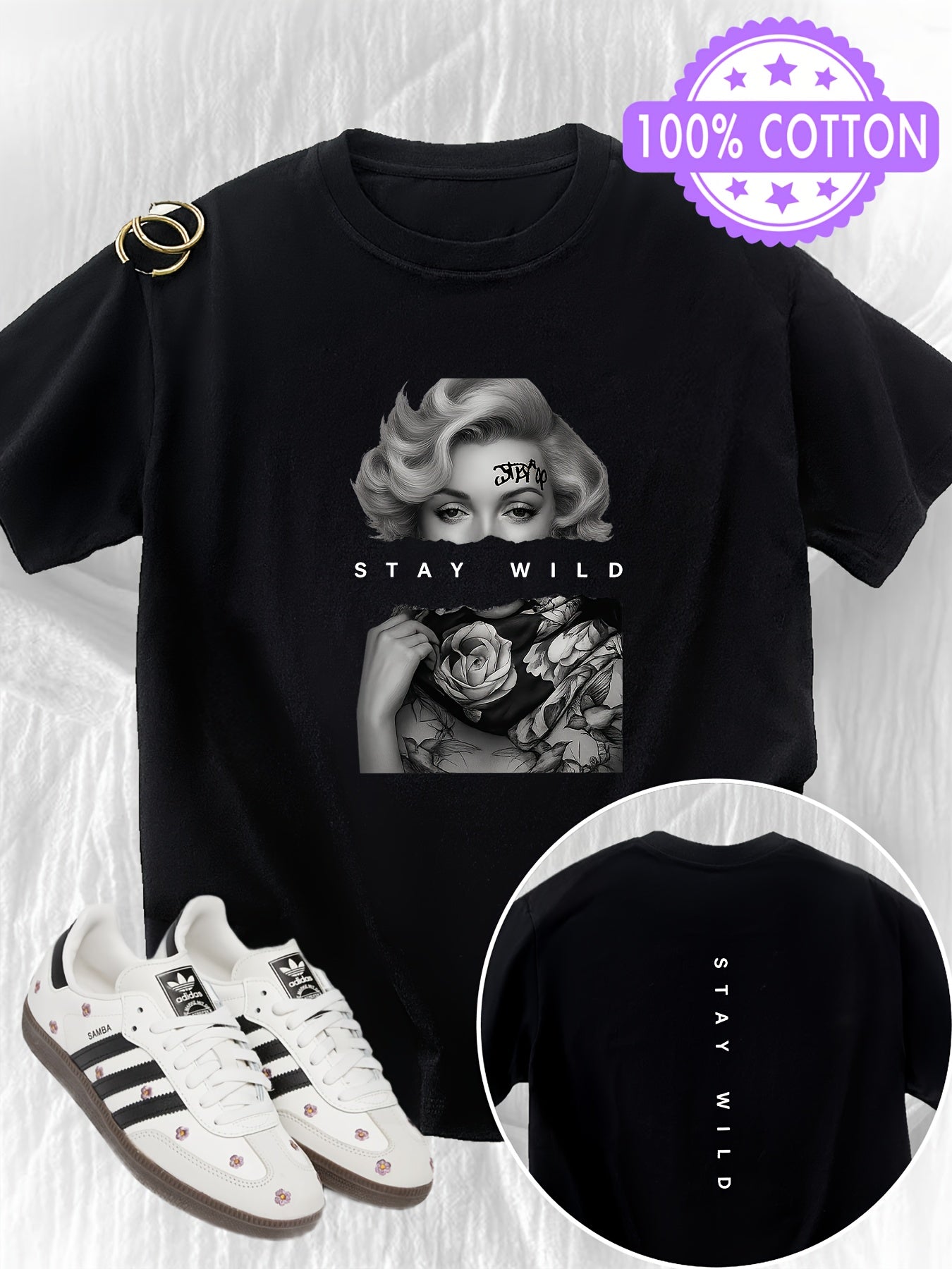 Women's Casual Cotton T-Shirt with Retro Portrait Print