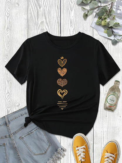 Heart Print Crew պարանոցի վերնաշապիկ, պատահական կարճաթև վերնաշապիկ գարնան և ամառի համար, կանացի հագուստ