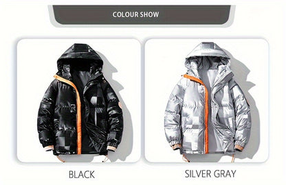Men's Checkered Graphic Print Padded Outwear With Pockets, Casual Zip Up Long Sleeve Warm Hooded Outwear For Winter Outdoor Activities