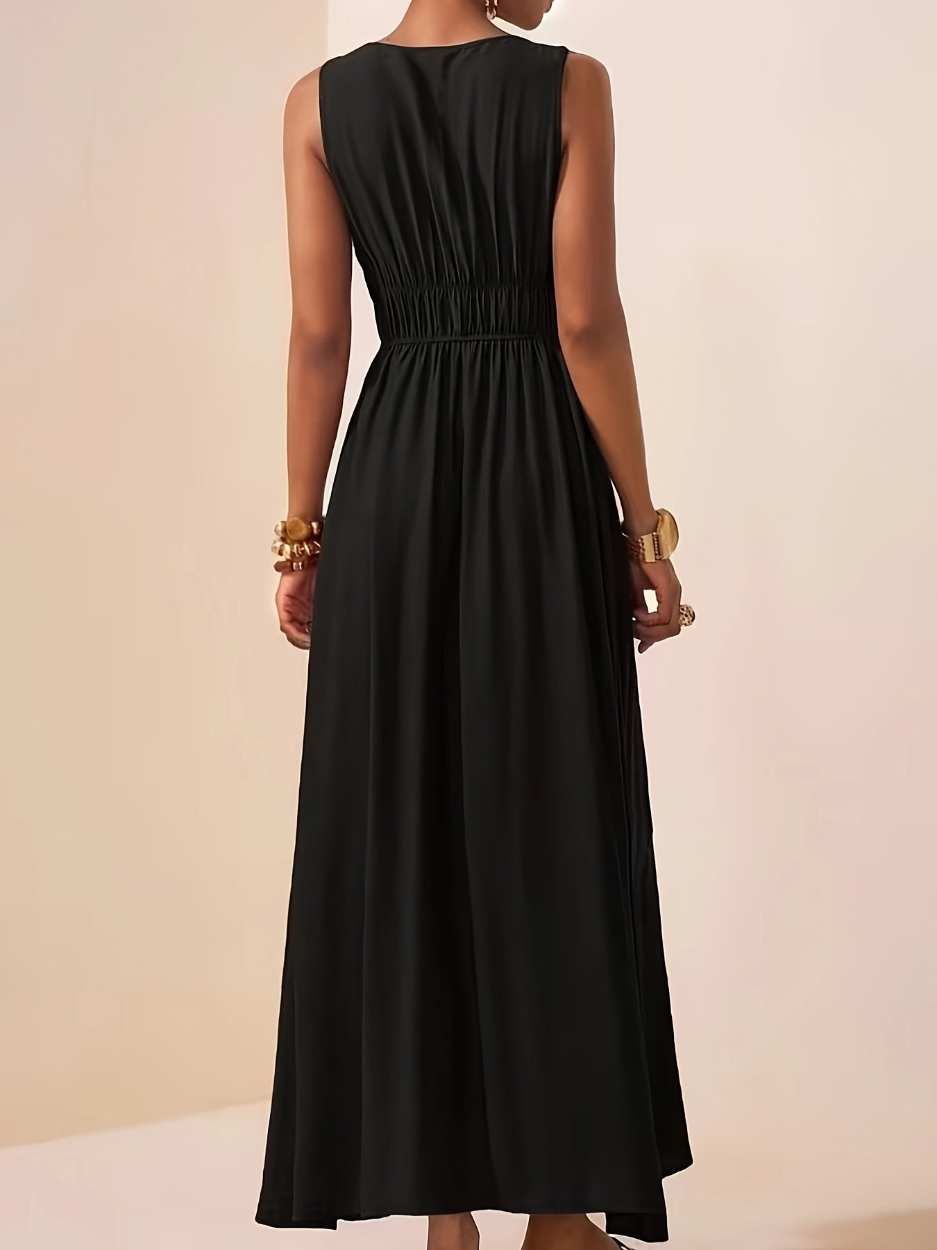 Elegant Summer V-Neck Beaded Sleeveless Waist-Cinching Dress