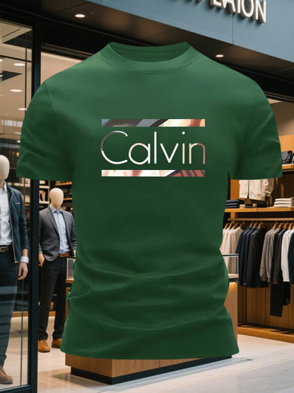 Men'S Bright Pink CALVI Graphic T-Shirt - Soft Breathable 100% Cotton Crewneck Tee, Everyday Casual Shirt for Office, Outings  Gym - Minimalist Modern Top, Comfortable Clothing, Stylish Letter Print, Durable Fabric, Short Sl