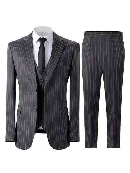 Men's Slim Fit Striped Three-Piece Suit with Vest and Pants
