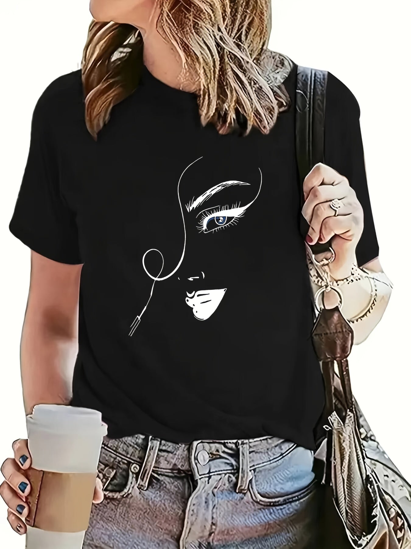 Women's short-sleeved round-neck turtleneck fashion T-shirt Women's clothing black comfortable outdoor top summer spring home Women's casual vacation sportswear print