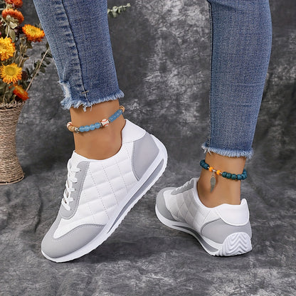 Women's Contrast Color Casual Sneakers, Lace Up Lightweight Soft Sole Walking Shoes, Low-top Quilted Pattern Trainers plus size