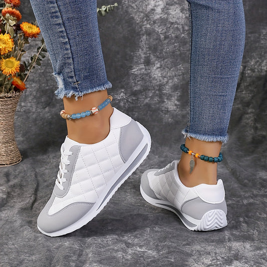 Women's Contrast Color Casual Sneakers, Lace Up Lightweight Soft Sole Walking Shoes, Low-top Quilted Pattern Trainers plus size