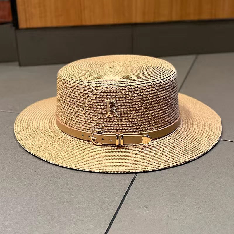 Women's Summer Straw Sun Hat with French Belt - Retro Beach Style