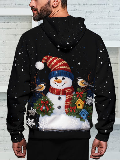 Men's Winter Snowman & Snowflake Print 3D Hooded Sweatshirt - Thick Warm Pullover Sweater for Christmas, New Year's, Valentine's Day - Machine Washable Casual Winter Sweater for Men with Festive Snowman & Snowflake Design, Ge