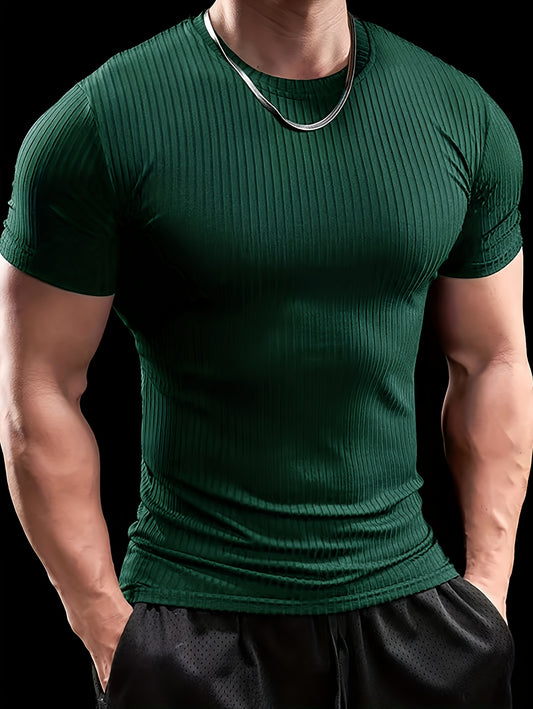 Men's Stretch Fit Short Sleeve T-Shirt - Breathable, Comfortable Polyester Blend, Solid Blue, Crew Neck, Casual  Sporty Style for Spring/Summer