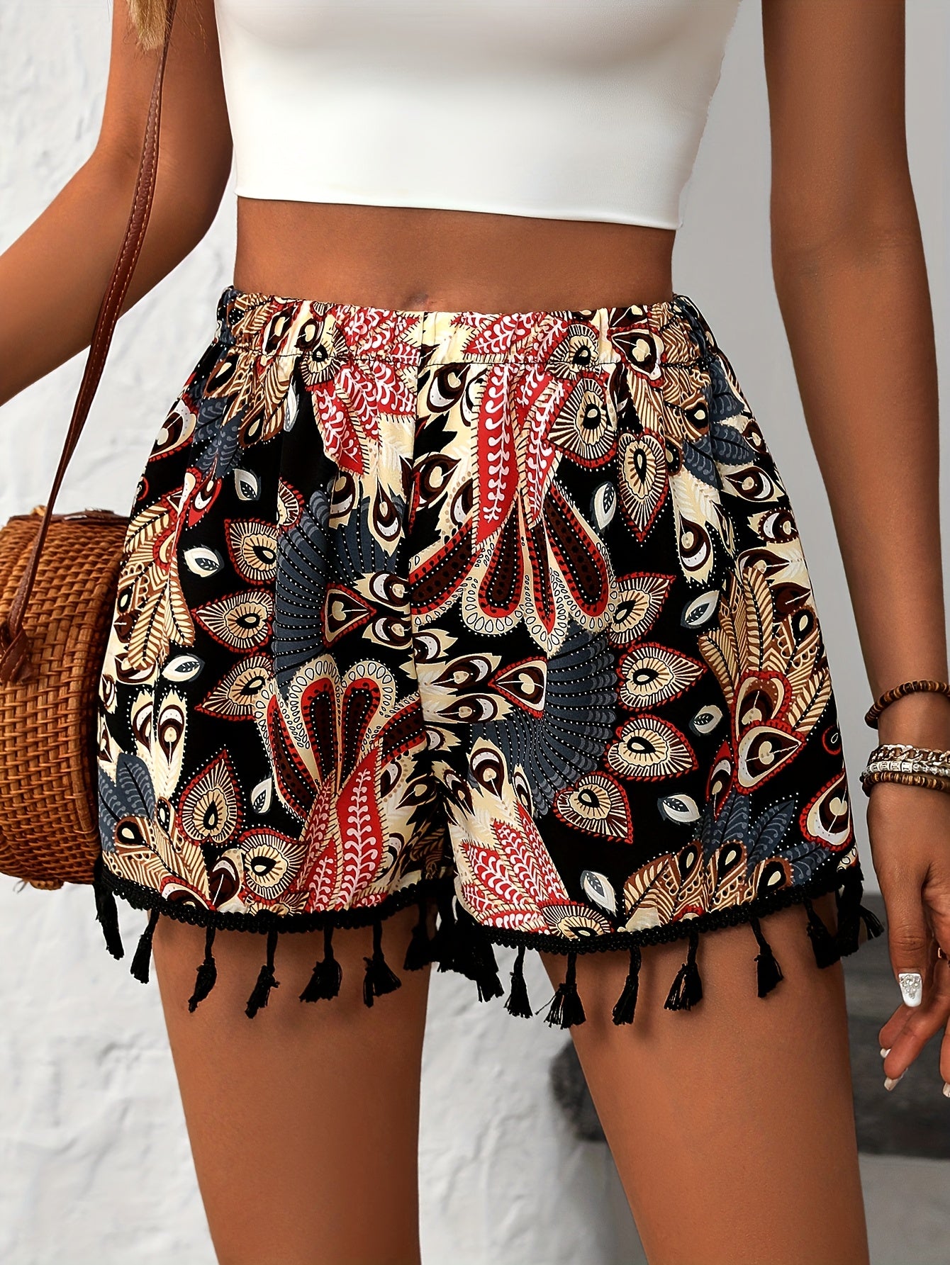 Print Women's Casual Shorts with Lace Trim - High Waist, Non-Stretch Polyester, Machine Washable