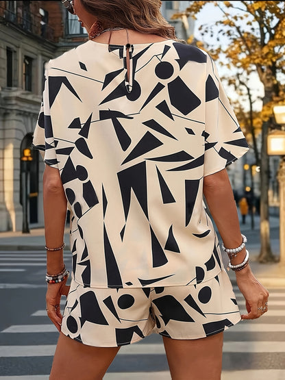 Women's Geometric Batwing Sleeve Top and Drawstring Shorts Set - Casual Polyester Outfit, Machine Washable, Black & White Pattern