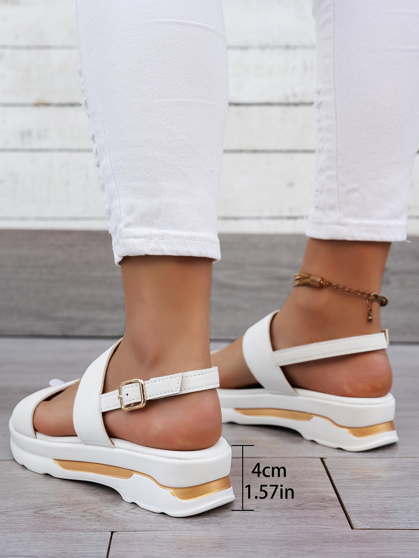 Mhysa Women's Comfortable Open-Toe Platform Sandals with Thick Sole & Golden Buckle Strap - Summer Casual White PU Cover Ankle Strap Sandals for Casual Attire, Ladies Sandals