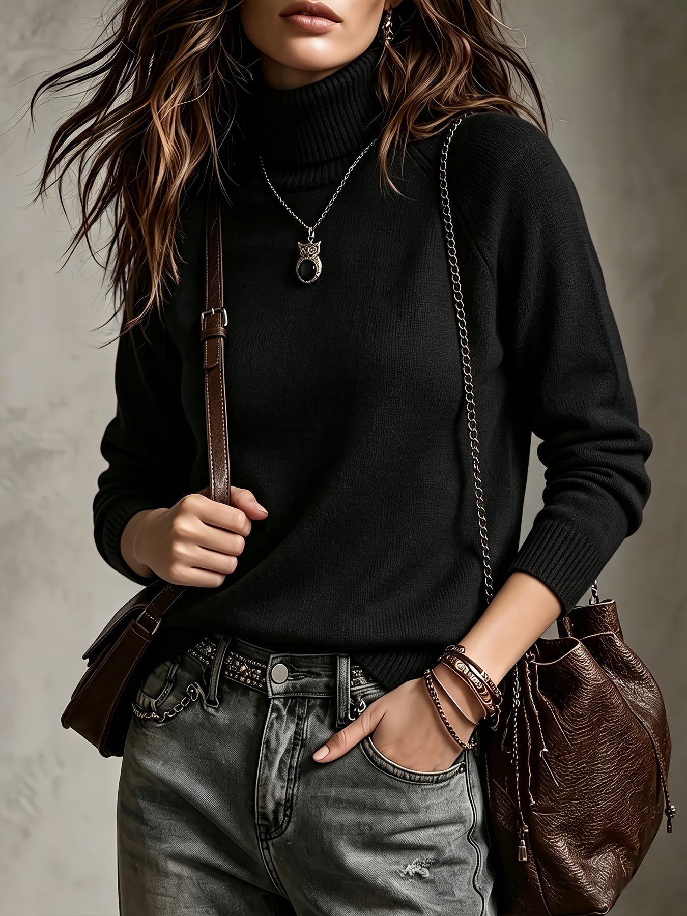 Women's Autumn Winter Wool Blend High-Neck Pullover Sweater