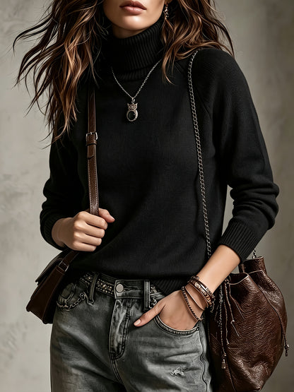 Women's Autumn Winter Wool Blend High-Neck Pullover Sweater
