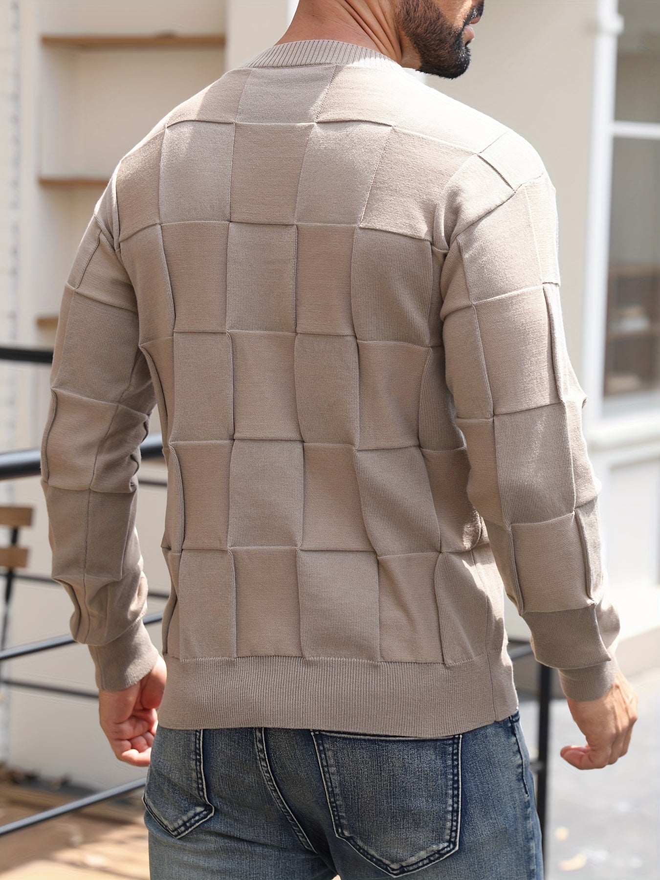 Տղամարդու կլոր վզնոցով, տեքստուրավորված երկրաչափական նախշերով, միագույն սվիտեր, աշնանային և ձմեռային նորաձև երկարաթև սվիտեր