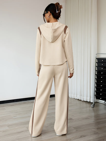 Women'S Elegant Two-Piece Set Featuring a Spring Long-Sleeve Zip-Up Top And Straight-Leg Pants, with a Stylish Color-Blocked Design And a Hooded Drawstring