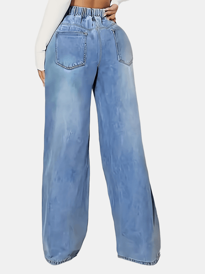 Ladies' Light Blue Elastic Waist Drawstring Washed Stretchy Elegant Straight-Leg Wide-Leg Jeans with Slant Pockets.