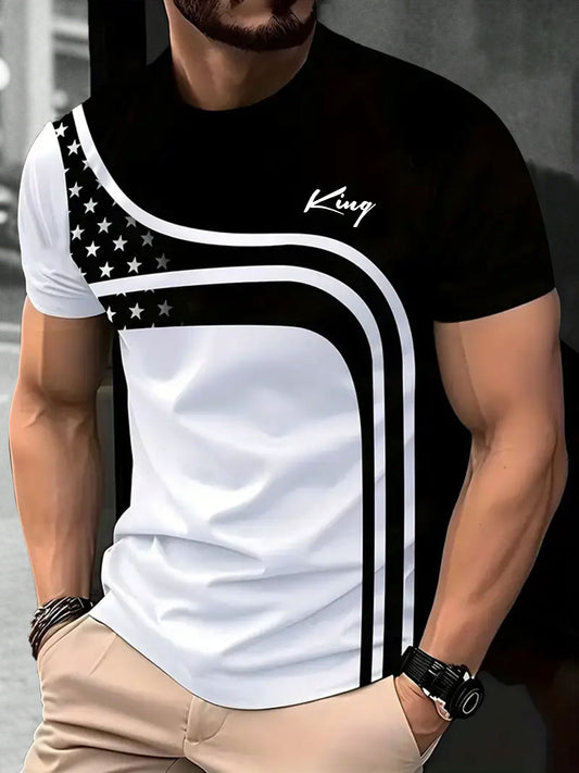 Men'S Black  White Star Stripe T-Shirt with "King" Print - Casual Round Neck Short Sleeve, Curved Design, Breathable Fabric for Summer, Casual Attire, Comfortable Fit
