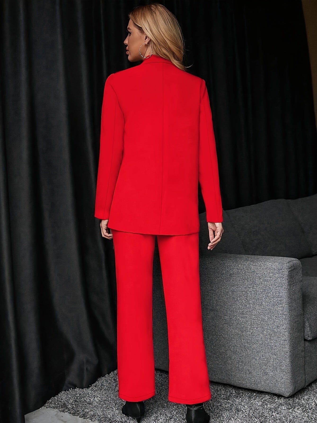 Chic Suit Set, Casual Long Sleeve Button-Decorated Blazer and Elastic Waist Pants Two-Piece