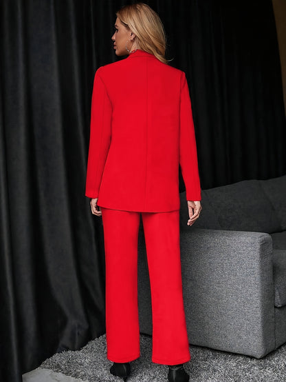 Chic Suit Set, Casual Long Sleeve Button-Decorated Blazer and Elastic Waist Pants Two-Piece