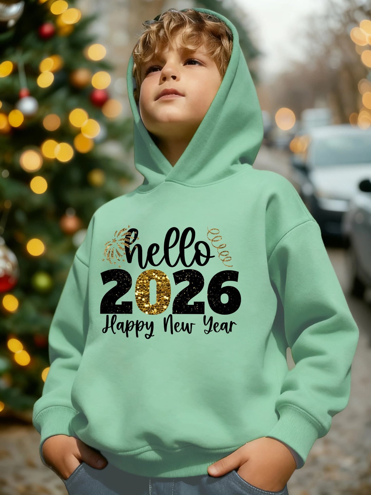 Boys' 2026 New Year Hooded Sweatshirt - Hello 2026 Happy New Year Lettering, Mint Green with Golden Accents, Loose Fit Long Sleeve Pullover for Boys